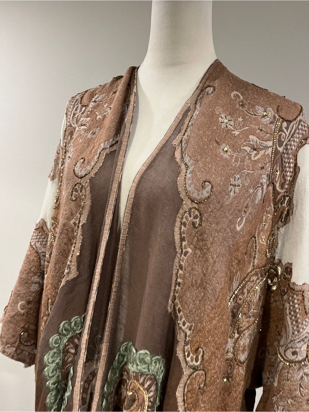 Soft Surroundings Brown Paisley beaded sequins Fringe Kimono - Picture 2 of 14